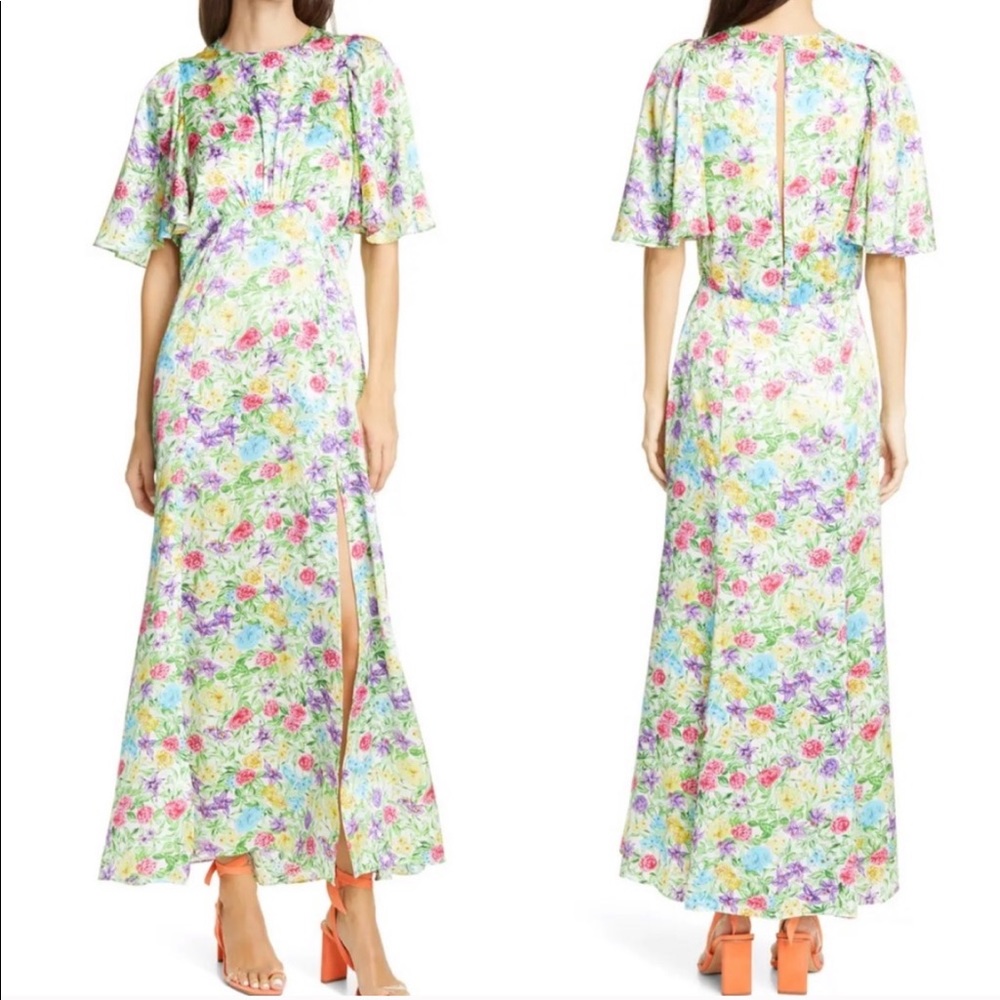 Les Reveries Floral Flutter Sleeve Silk Dress NWT